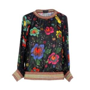 BALLANTYNE Women's Silk Black Floral Blouse US 10 Long Sleeve Knit Detail Italy